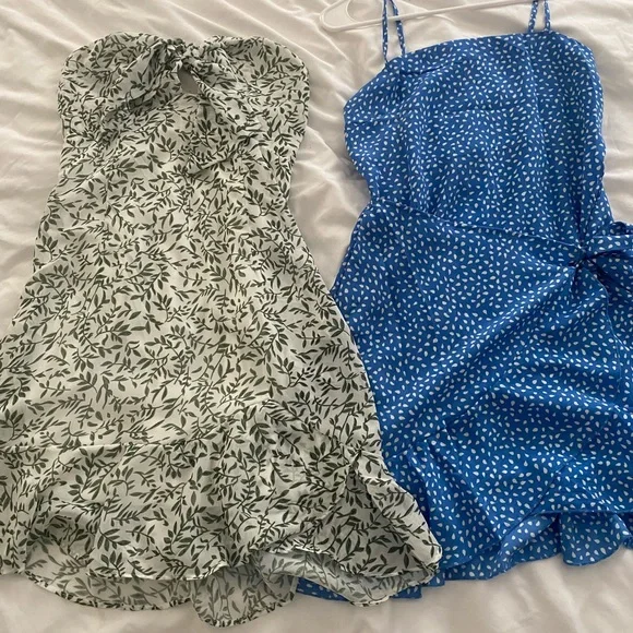 SHEIN | Dresses | Shein Summer Dress Bundle Green Leaf Strapless Dress And  Blue Print Wrap Dress | Poshmark